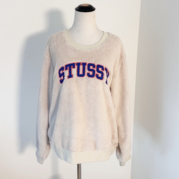 STUSSY Pilar Women’s L Cream Sweatshirt Sherpa Fleece Collegiate Streetwear - Picture 3 of 12
